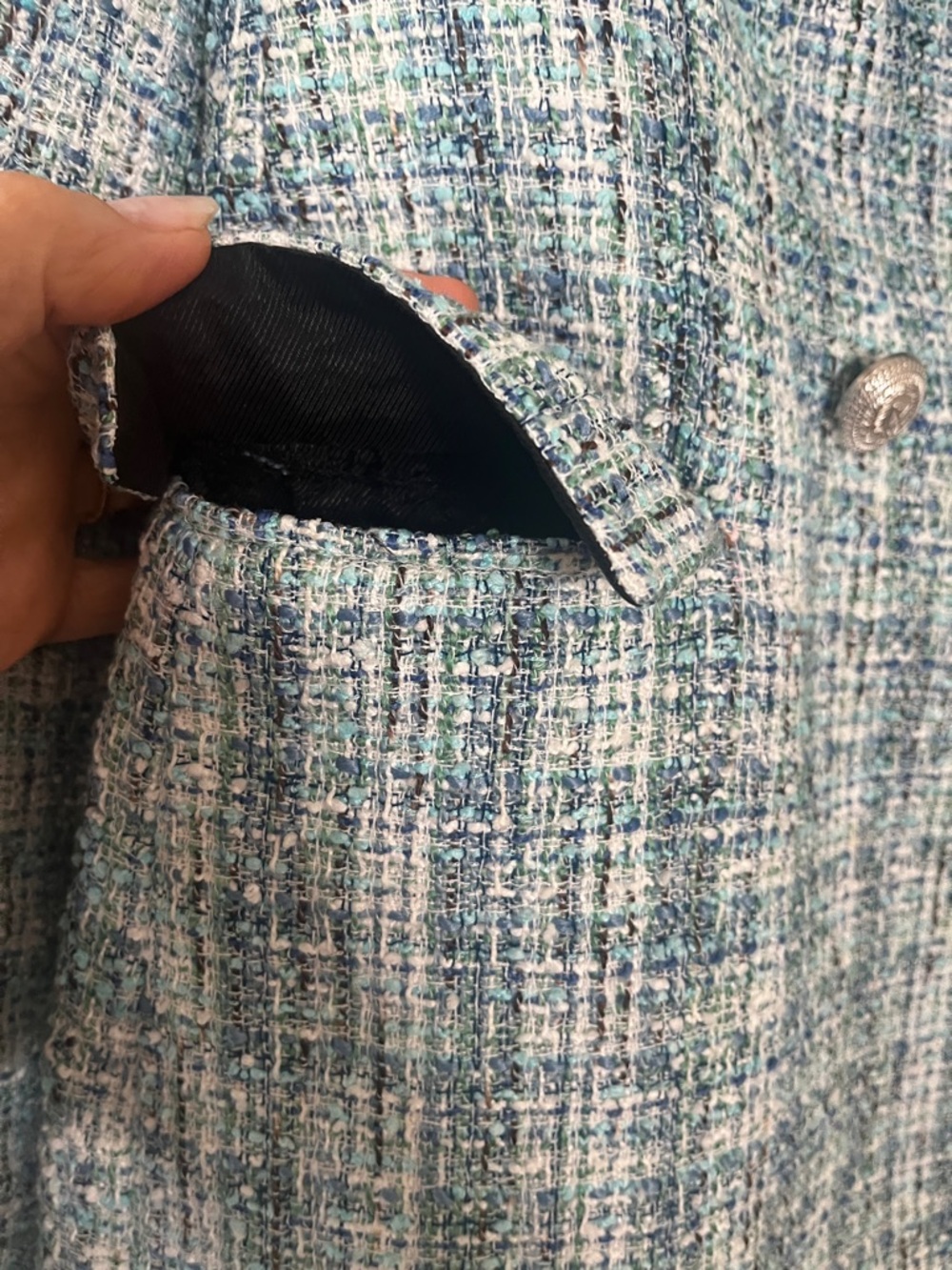 Zara Teal & White Tweed Double-Breasted Blazer - Picture 8 of 15